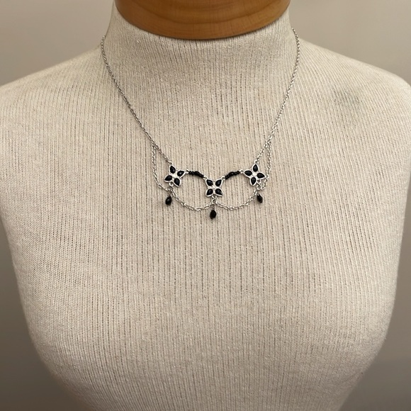 Monet Silver-Tone and Black Floral Necklace with Draping Chains - Picture 6 of 12